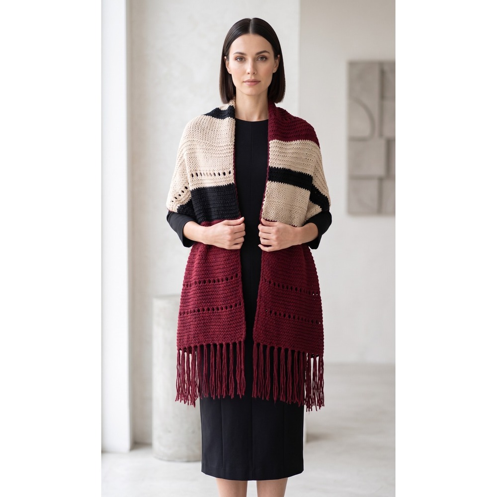 NEW Beige Burgundy Black Hand Knit Shawl Wrap Boho Hippie Indie Artsy Festival
